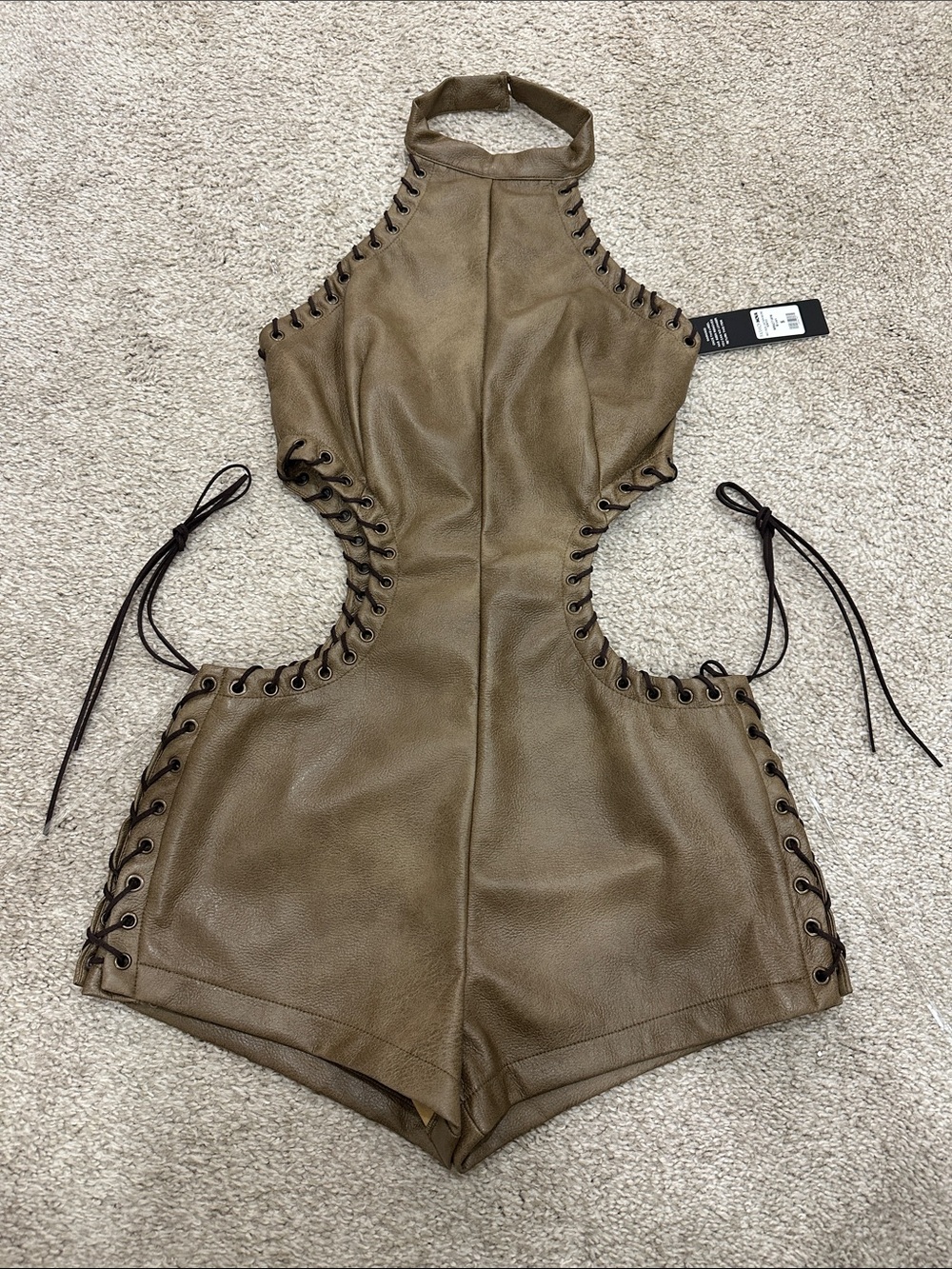 NWT Fashion Nova Inez Faux Leather Micro Romper Brown Lace-Up One-Piece small